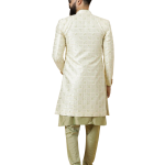 Alluring Cream Geometrical Thread Embroidered Open Sherwani with Lime Green Kurta-Pajama Set | Father Son Combo | Jaipurio Collection